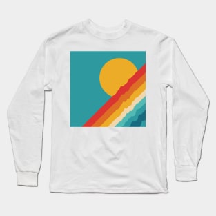 Retro Rainbow Sunset on Mid Blue Background Long Sleeve T-Shirt